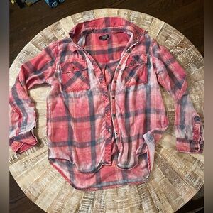 Nollie Distressed Red Plaid Flannel Button Down Shirt